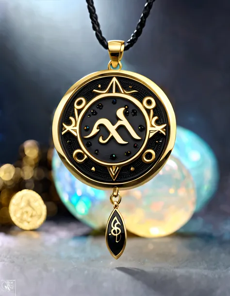 antonio canova style，Item design, Brand design, Logo design, (Abstract Sagittarius black round pendant), (Engraved golden head of Sagittarius), (double opal: 1.3), (Sagittarius zodiac symbol: 1.2), (Cindy Xu letters are engraved on the side), (Black leathe...