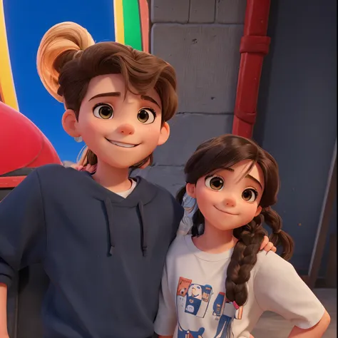 Boy is holding the camera, girl is beside the boy. Color picture.Girl and boy smiling. Girl has open hair.Girl did not do any braids on her hair.Picture should be clear.Girl is wearing a white T shirt.