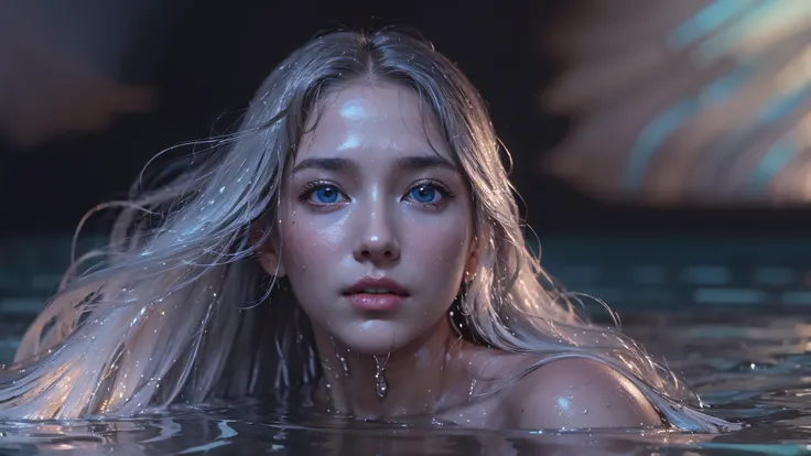 (abstract art:1.5),  (soft light, soft glow:0.8), 25-yo sweden girl, Silver long hair, blue eyes, perfect tanned skin, perfect face, small breasts, wet shirt, night, tranquil atmosphere,liquids:1.3, Floating in the sea,Satisfied face