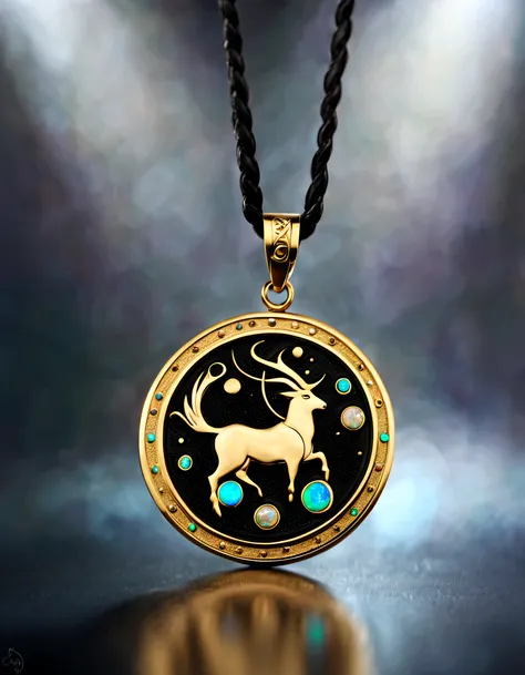 Antonio canova style, item design, brand design, logo design,
(A black and gold circular abstract pendant of Capricorn), (engraved with a golden Capricorn pattern), (a double opal: 1.3), (Capricorn constellation symbol: 1.2), (pendant side engraved with th...