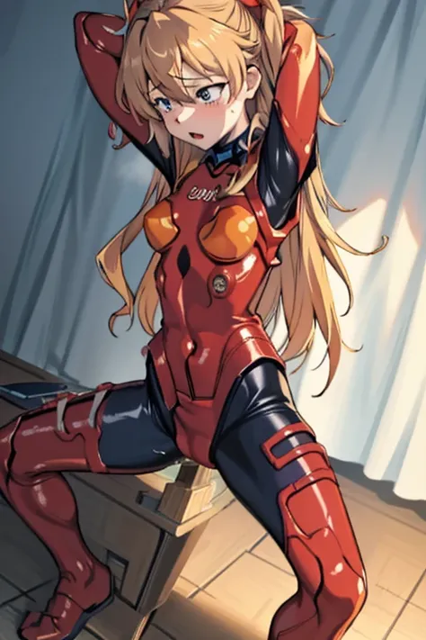 (masutepiece, Best Quality, Detailed), 1girl in, Solo, Indoors, dress room, 双臂在头后, Cowboy Shot,
Souryu Asuka Langley, Interface headset, Red bodysuit、place々Torn by、