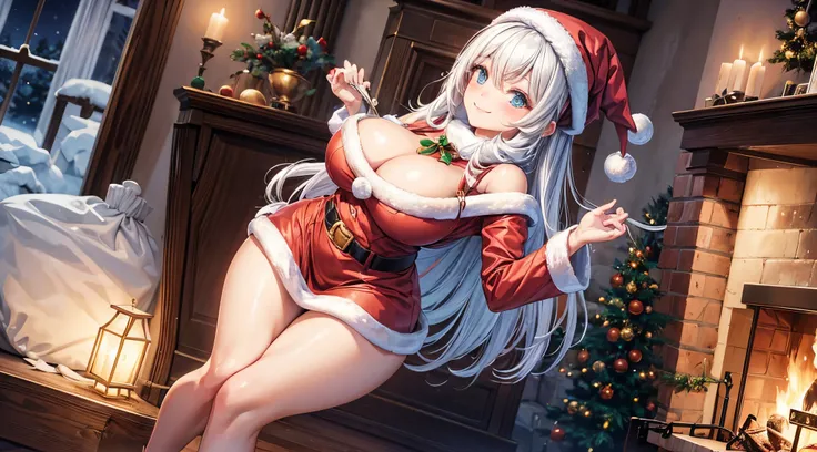 One Santa girl wearing a beautiful Santa costume、Short dress,gorgeous decoration、Slim body、Normal breasts、big breasts thin waist。A smile,Christmas tree、Roaring fire in the fireplace、The cold blue outside the large window contrasts with the warm light.、A ma...