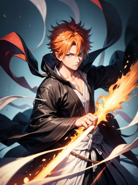 (masutepiece, Best Quality:1.2), Solo, Male Focus, 1boy, Ichigo Kurosaki (bleach) , slight smile, Looking at Viewer, short orange hair, Brown eyes, komono, Black kimono, Dynamic Pose, Detailed gorgeous face, 30-megapixel, 4K, 85mm lens, Sharp Focus, Intric...