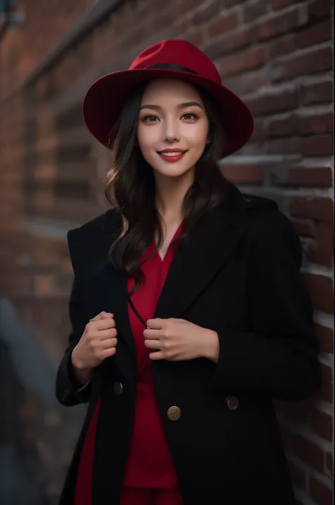 (happy woman in black coat,red hat,posing for picture:1.1,70mm portrait:1.1,fashion model:1.2)+ (best quality,4k,8k,highres,masterpiece:1.2),ultra-detailed,(realistic,photorealistic,photo-realistic:1.37),vivid colors,studio lighting+(portraits,fashion phot...