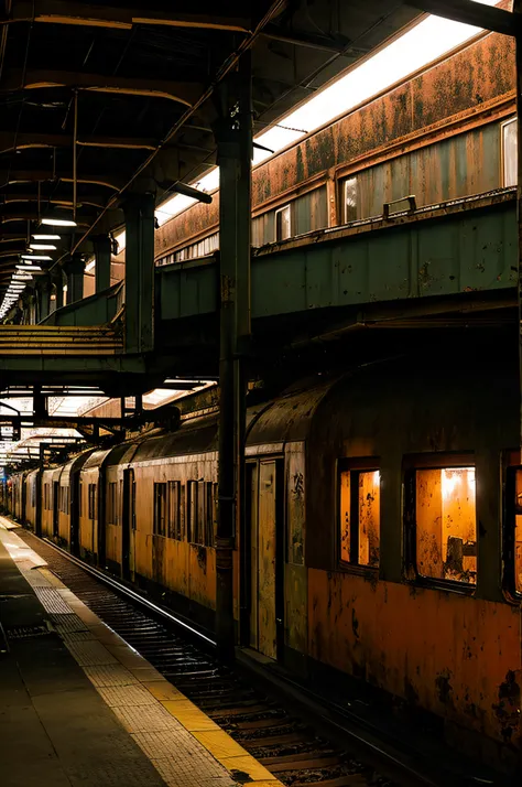 A dark, rusty train abandoned in the middle of a railway station. The train is covered in rust and dirt, showing signs of wear and tear. The station is dimly lit, creating a moody atmosphere. The train tracks are visible, leading into the distance.