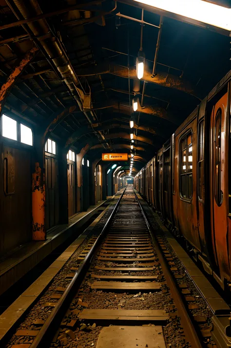 A dark, rusty train abandoned in the middle of a railway station. The train is covered in rust and dirt, showing signs of wear and tear. The station is dimly lit, creating a moody atmosphere. The train tracks are visible, leading into the distance.