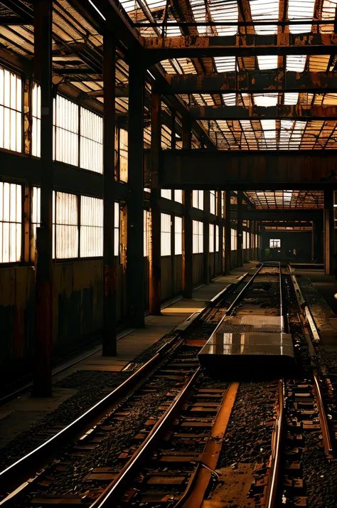 A dark, rusty train abandoned in the middle of a railway station. The train is covered in rust and dirt, showing signs of wear and tear. The station is dimly lit, creating a moody atmosphere. The train tracks are visible, leading into the distance.