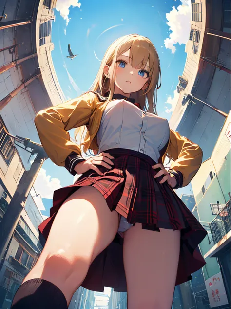 NSFW, (1girl in),masutepiece, Best Quality, hight resolution, ​masterpiece、 cowboy  shot、school courtyard、The background is blue sky、((taken from the under:2、up skirt:2))、(front facing:1.5)、Girl standing with open legs、Niō Standing、Contemptuous eyes、(((Han...