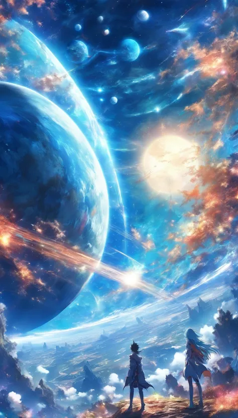 view from space, anime styled, huge blue planet, has three moons