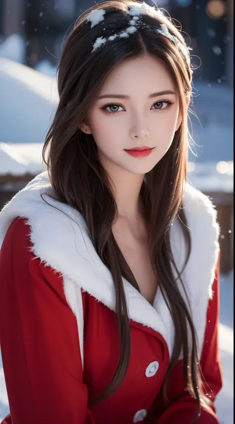 (Aesthetic, Hi-Res: 1.2), Professional Photographer, Outdoor winter scene with snow in the evening, A slight smile, Realistic art, various hair styles and colors, wearing a simple, conservative red boby santa costume, evening, passionate mood, seductive ex...