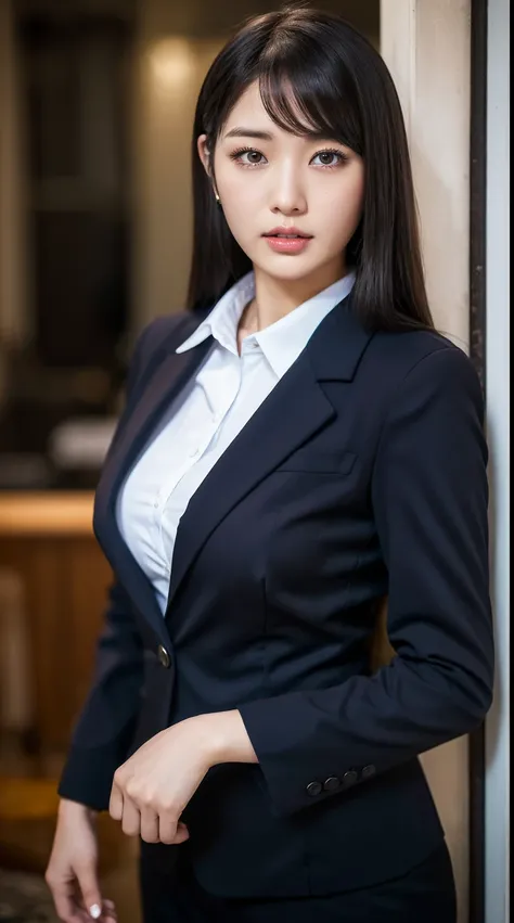 (Best Quality, High Quality,Ultra Quality:1.3),(depth of field:1.3) ,((front body:1.35)) ,Japanese woman,20 years old, Womens black suit with collared shirt, tight-fitting knee-length skirt, huge breasts ,plump,(realskin:1.3),ultra realistic photo, (lookin...