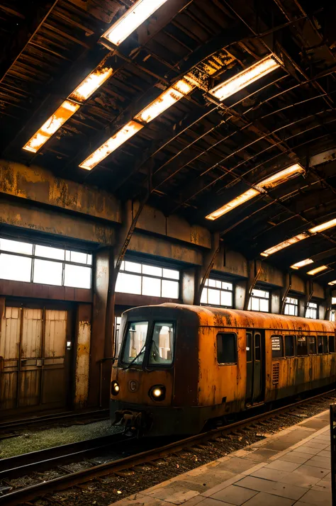 A dark, rusty train abandoned in the middle of a railway station. The train is covered in rust and dirt, showing signs of wear and tear. The station is dimly lit, creating a moody atmosphere. The train tracks are visible, leading into the distance.