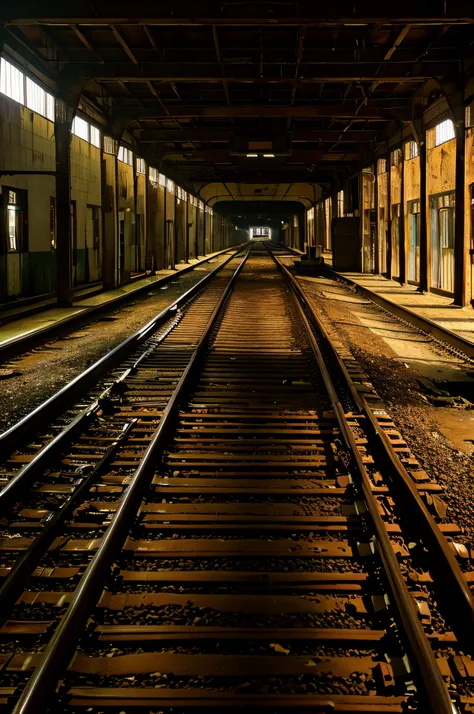 A dark, rusty train abandoned in the middle of a railway station. The train is covered in rust and dirt, showing signs of wear and tear. The station is dimly lit, creating a moody atmosphere. The train tracks are visible, leading into the distance.