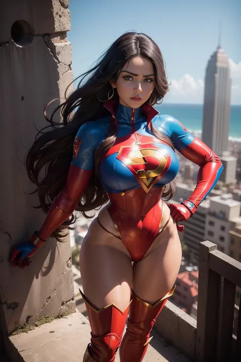 Superheroine woman, Morena, cabelo pretos amarrado, heroic pose, standing on top of a tall building, Cabo pretos Longo, wearing a red and blue bikini, usando uma capa vermelha, with blue knee-high boots, red elbow-length gloves.