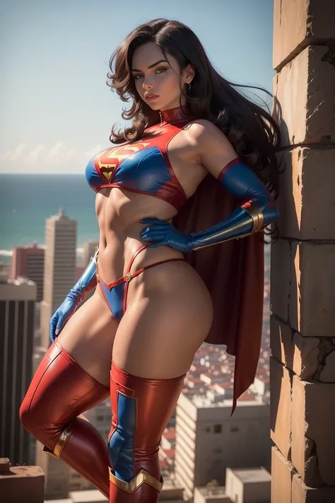 Superheroine woman, Morena, cabelo pretos amarrado, heroic pose, standing on top of a tall building, Cabo pretos Longo, wearing a red and blue bikini, usando uma capa vermelha, with blue knee-high boots, red elbow-length gloves.