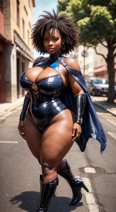 (melhor qualidade,4k,8k,alta resolução,masutepiece:1.2), (Emily is a black woman, ebony skin) , (BBW MILF), (30 anos), (bunda enorme: 1,9),  afro hair, (seios grandes: 1,9), caminhando na rua de uma cidade, (sexy shiny supergirl costume), (bota branca), (f...