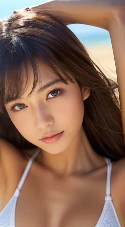 (top-quality、hight resolution、​masterpiece: 1.3),a picture、 Pretty women、slender physique、dark brown  hair、Black swimsuit、(Sandy beach in the day)、Highly detailed facial and skin texture、A detailed eye、二重まぶた