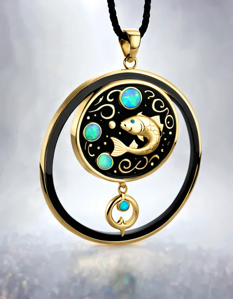 Antonio canova style, item design, brand design, logo design,
(A black and gold circular abstract pendant of Pisces), (engraved with a golden pattern of a little Pisces), (a double opal: 1.3), (Pisces constellation symbol: 1.2), (pendant side engraved with...