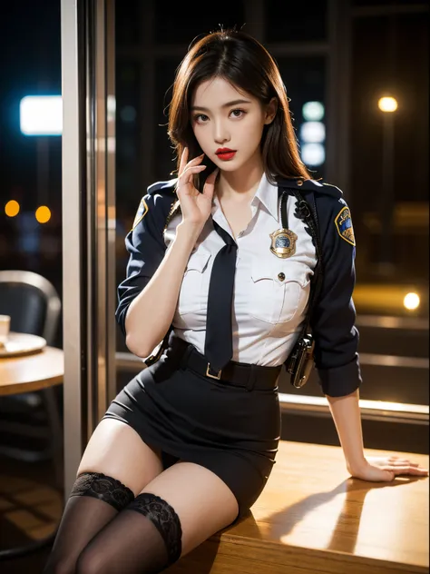 Solo, (Police Uniform, Policewoman), Stockings, City Lights, (Looking at the audience: 1.3), Lips Apart, Red Lips, Shiny Skin, Skin Dents, Best Quality, Ultra High Resolution, (Realism: 1.4),