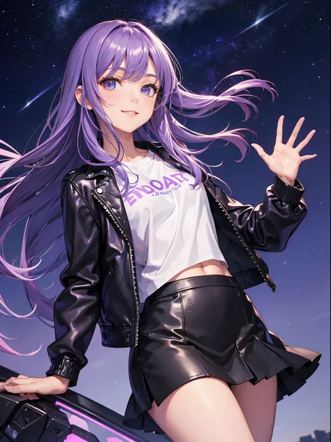 master piece,best quality, Solo woman, cute, dynamic pose, purple leather jacket, white tight T-shirt, purple tight skirt, shy smile, purple hair, long hair, Low-angle, blue sky, waving in a strong wind hair, purple starry night background