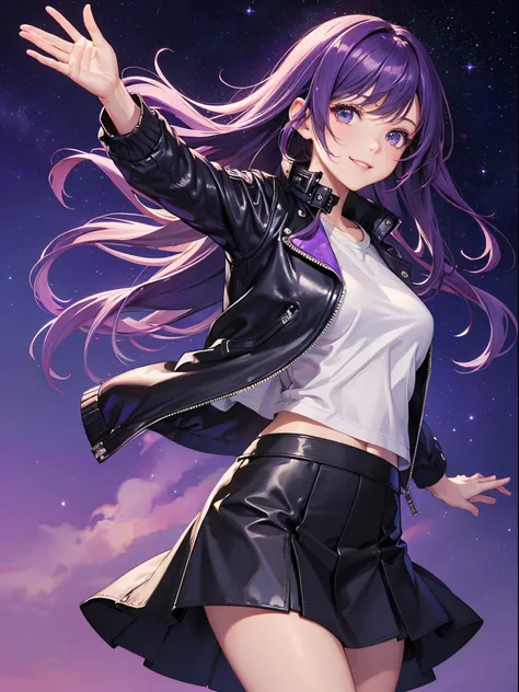 master piece,best quality, Solo woman, cute, dynamic pose, purple leather jacket, white tight T-shirt, purple tight skirt, shy smile, purple hair, long hair, Low-angle, blue sky, waving in a strong wind hair, purple starry night background