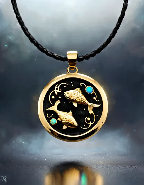 Antonio canova style, item design, brand design, logo design,
(A black and gold circular abstract pendant of Pisces), (engraved with a pattern of two small golden fish), (a double opal: 1.3), (Pisces constellation symbol: 1.2), (pendant side engraved with ...