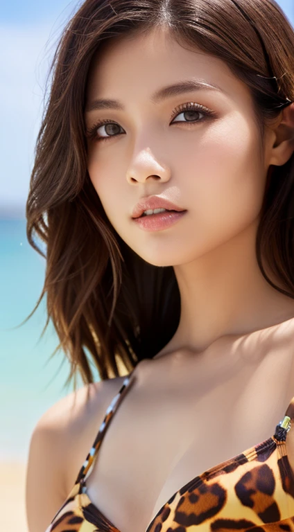 (top-quality、hight resolution、​masterpiece: 1.3), Pretty women、slender physique、dark brown  hair、Leopard print swimsuit、(Sandy beach in the day)、Highly detailed facial and skin texture、A detailed eye、二重まぶた