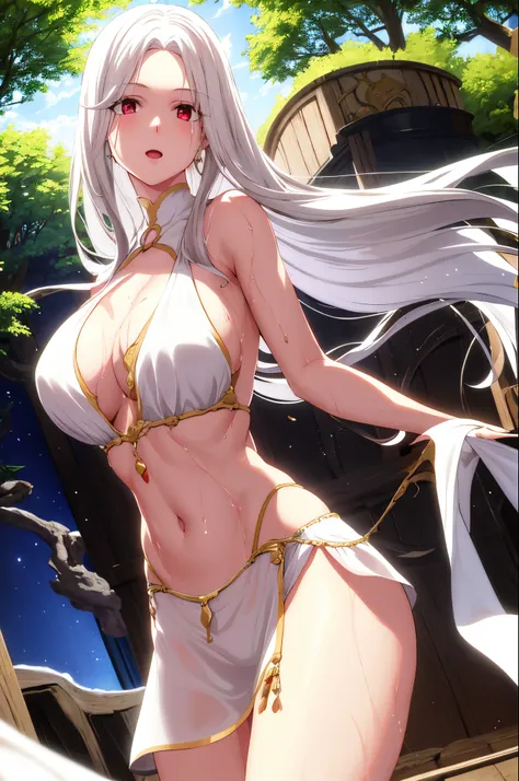 masterpiece, absurd, 1 girl, mom, white hair, red eyes, movie light, white skin, mature, solo, long hair, smile, cleavage, wet with water, nipple patch, groin, big breasts, long legs, long white dress, dress, rigorous body structure, crop top, chest ribbon...