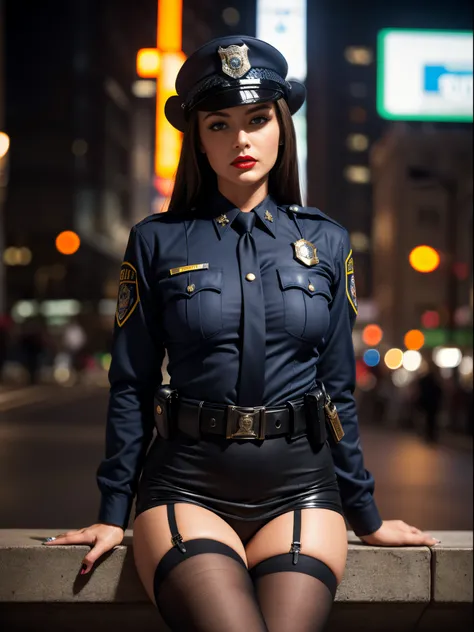 Solo, (Police Uniform, Policewoman), Stockings, City Lights, (Looking at the audience: 1.3), Lips Apart, Red Lips, Shiny Skin, Skin Dents, Best Quality, Ultra High Resolution, (Realism: 1.4)