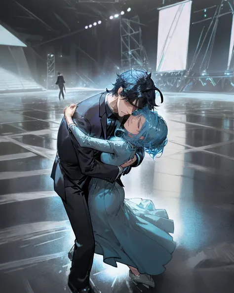 sad couple dancing,stage,Ice Stage,Blue Dress,Black Suit,1womanl,1male people