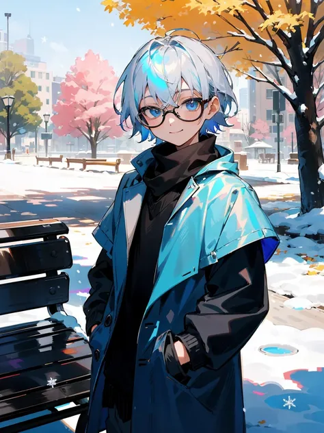 Male child, Black glasses,blue eyess,Cowboy Shots,A smile, silber hair，Daytime，Iridescent background，Park, waiting, Benches, Snow, Yuki, tree, Nature,