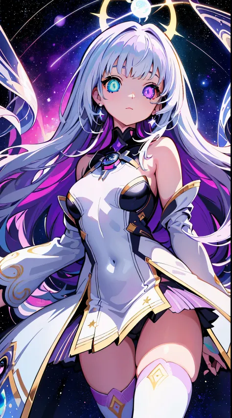 A girl in space captivates with her ((heterochromatic eyes)), each iris displaying a unique and enchanting color combination. Her eyes shimmer like celestial gems, reflecting the wonders of the cosmos. The illustrative style takes inspiration from the ethe...