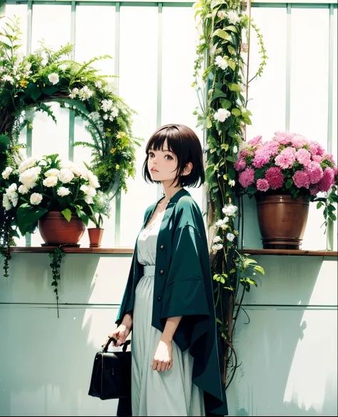 A woman standing in front of a white wall with a bouquet of flowers, With short hair, lofi-girl, with ivy, with teal clothes, with flowers, low quality photograph, with cape, Green clothes, photo shot, smooth in _ Background with, lofi girl aesthetic, 🤤 gi...