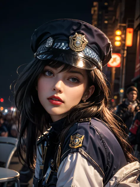 Solo, (Police Uniform, Policewoman), Stockings, City Lights, (Looking at the audience: 1.3), Lips Apart, Red Lips, Shiny Skin, Skin Dents, Best Quality, Ultra High Resolution, (Realism: 1.4)