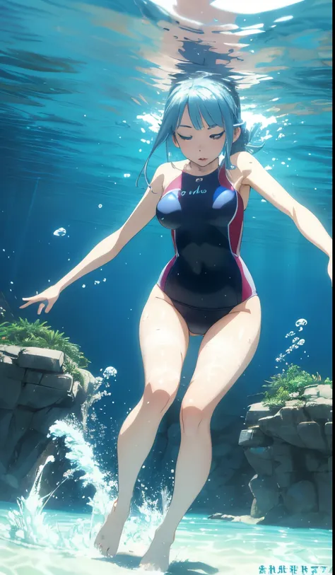 beautiful a girl、Diving, under the water, Dive directly underneath to take underwater photos, in water, underwater photo, guweiz, Anime style mixed with Fujifilm、Snow white swimsuit、knee sox、Finnish feet、highleg、swim wears