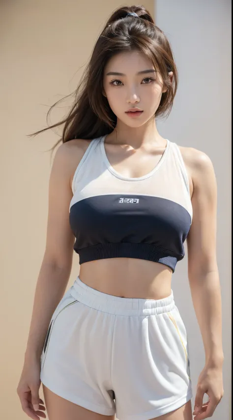 beautiful asian girl.  ((half Japanese, half African 1.2)) ((wearing sports clothes: 1.3), active sports, sexy, exposed waist, exposed chest, gym, going to the gym ((top top, 8k, 32k  , masterpiece 1.3)), ((real skin texture: 1.2)) ((brown eyes 1.2)) is de...