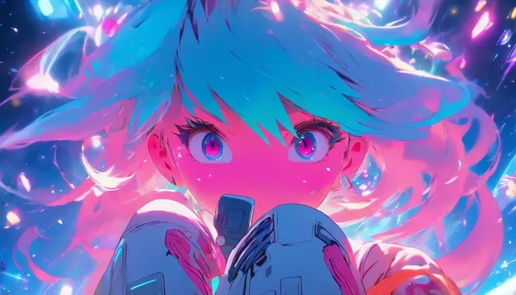 Glitchcore Book Page, colorful illustration、Anime Girl、cute little、2D beautiful girl, Wearing an astronaut suit, Neon blue hair, And pink color, wounds, a sticker, Neon style throughout the shot, Cool pose、detaileds、high-level image quality、Delicate painti...