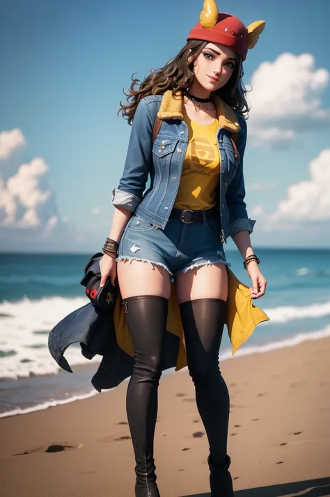 (8k, best quality, masterpiece:1.2), (realistic, photo-realistic:1.37), ultra-detailed, 1 girl,cute, solo, ,beautiful detailed blue eyes, medium wavy hair, standing on a beach, , smiling, looking at viewer, ,light brown hair, black lips, black lipstick, fu...