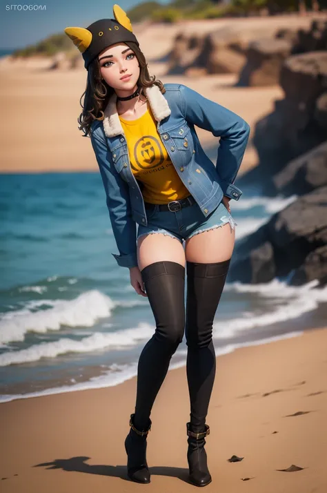 (8k, best quality, masterpiece:1.2), (realistic, photo-realistic:1.37), ultra-detailed, 1 girl,cute, solo, ,beautiful detailed blue eyes, medium wavy hair, standing on a beach, , smiling, looking at viewer, ,light brown hair, black lips, black lipstick, fu...