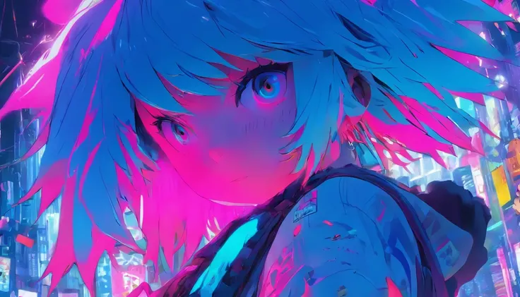 colorful illustration、Anime Girl、cute little、2D beautiful girl,, Neon blue hair, And pink color, wounds, a sticker, Neon style throughout the shot, Cool pose、detaileds、high-level image quality、Delicate painting、Masterpiece