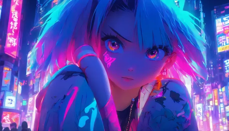 colorful illustration、Anime Girl、cute little、2D beautiful girl,, Neon blue hair, And pink color, wounds, a sticker, Neon style throughout the shot, Cool pose、detaileds、high-level image quality、Delicate painting、masutepiece、The big picture and the city