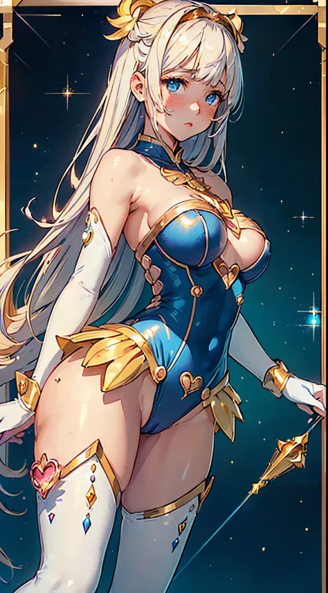 1womanl,Golden head hair,12year old ,((Impatient expression)),Beautiful breasts,(((Sexy magical girl white and blue high-leg bodysuit)))(())(((Blushing cheeks、Surprised look)),((())),((( portlate))),Blue eyes,(((Bangs are aligned)))()Street,Crowds(magical ...