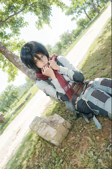 ((Mikasa Ackerman_attack on Titan)),((realistic, photorealistic)), Light reflection, ((HD )), navel, detached sleeves,((upper body)), (((best quality, masterpiece))), ,sad woman, beside the tombstone, holding scarf, holding sleeves, sitting in front of a t...