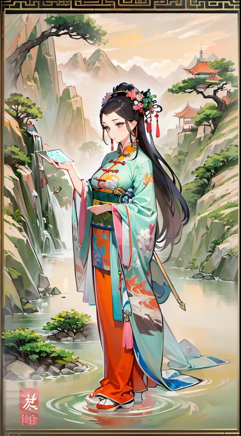 ((Finest quality)),(超A high resolution),(ultra-detailliert),(Meticulous portrayal),((best hanging scroll)),(Finest works of art),Ultra-Precision Art,The art of astounding depiction,Overwhelming descriptive power:1.5, mountain water, (adult  woman:1.5),(chi...