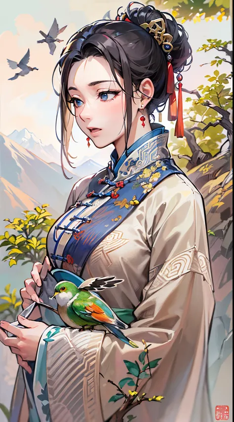 ((Finest quality)),(超A high resolution),(ultra-detailliert),(Meticulous portrayal),((best hanging scroll)),(Finest works of art),Ultra-Precision Art,The art of astounding depiction,Overwhelming descriptive power:1.5, mountain water, (adult  woman:1.5),(chi...