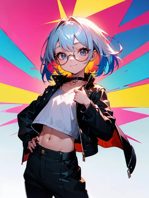 (Male child, eye glasses,A smile, silber hair)、独奏、jaket、Black jacket、Iridescent background、a choker、razor、Leather jacket、O cabelo multicolorido、cowboy  shot、Color Inner Hair、bangss、White shirt、Fluffy clothes、Two-tone、Viewers Perspective、is standing、a close...