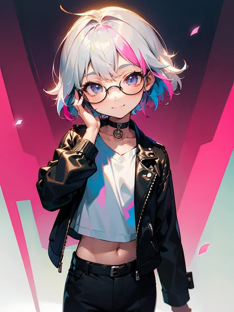 (Male child, eye glasses,A smile, silber hair)、独奏、jaket、Black jacket、Iridescent background、a choker、razor、Leather jacket、O cabelo multicolorido、cowboy  shot、Color Inner Hair、bangss、White shirt、Fluffy clothes、Two-tone、Viewers Perspective、is standing、a close...