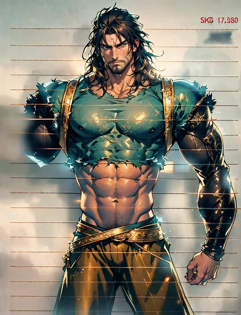 A middle-aged man, dark golden long hair, a wild and unkempt hairstyle, a melancholic gaze, a dignified expression, a tall and muscular physique, a hint of stubble on his face, a fantasy-style tattered clothing, ripped sleeves, reveals his abdominal muscle...