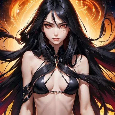 (((long strands of hair in front of face, hair strands between eyes))) (best quality, masterpiece, colorful, dynamic angle, highest detailed) (official art, extreme detailed, highest detailed) (long straight black hair, hair covering face, pale skin, dark ...