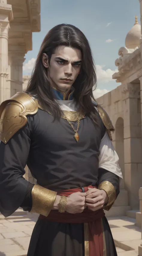 A young man, (((独奏)))), (25 years, pale skin, strong brute body, ah high, pale skin, round face, square jaw, Brown eyes, Long black hair, thick eyebrow), (he has a small red jewel in the middle of his forehead: 1.30) (he is a paladin, wears a costume of lo...